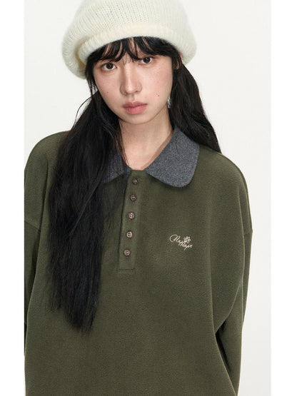 NAPSNAPS Sage Green Embroidered Colorblock Polo Collar Women&