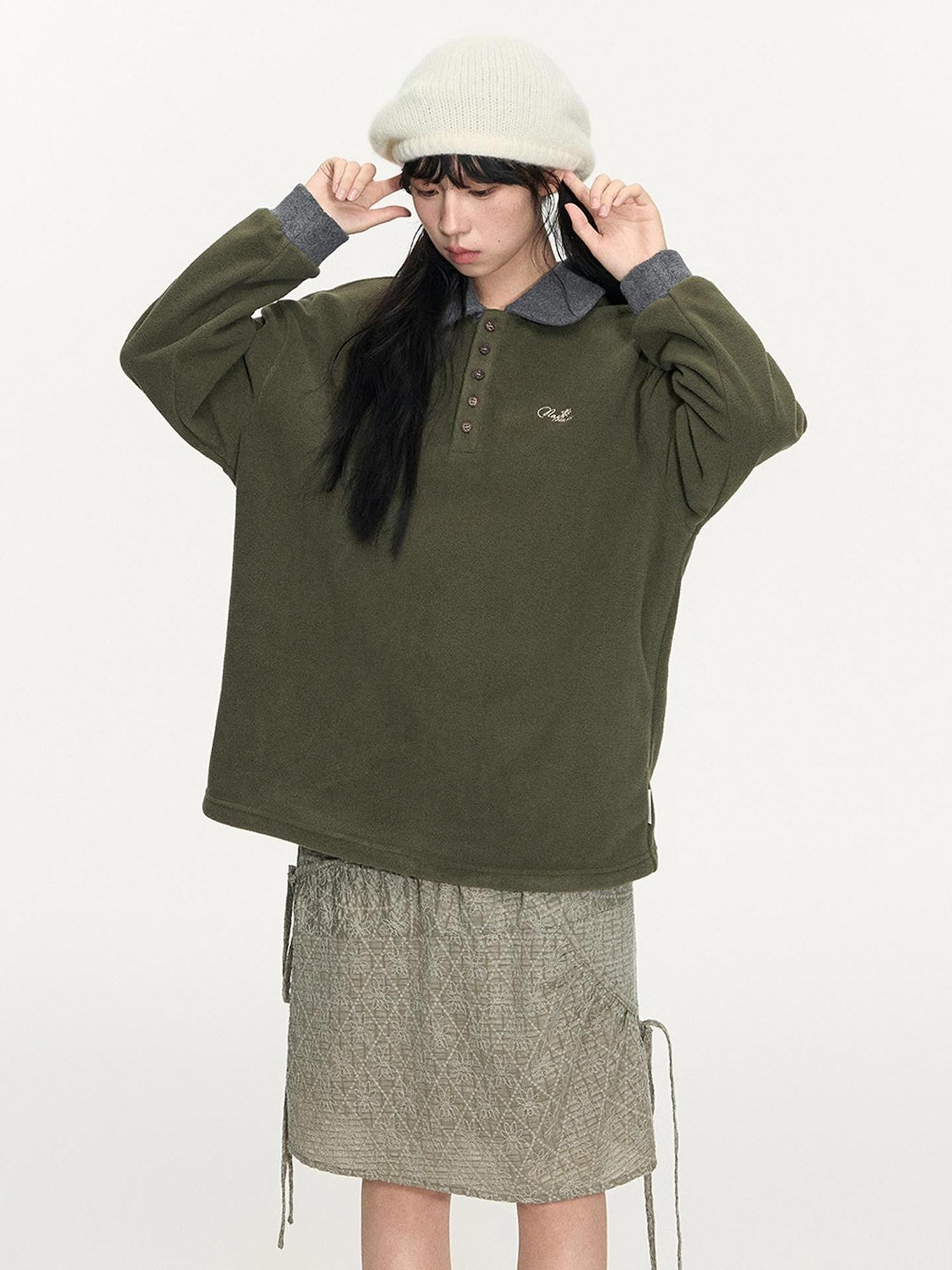 NAPSNAPS Sage Green Embroidered Colorblock Polo Collar Women&