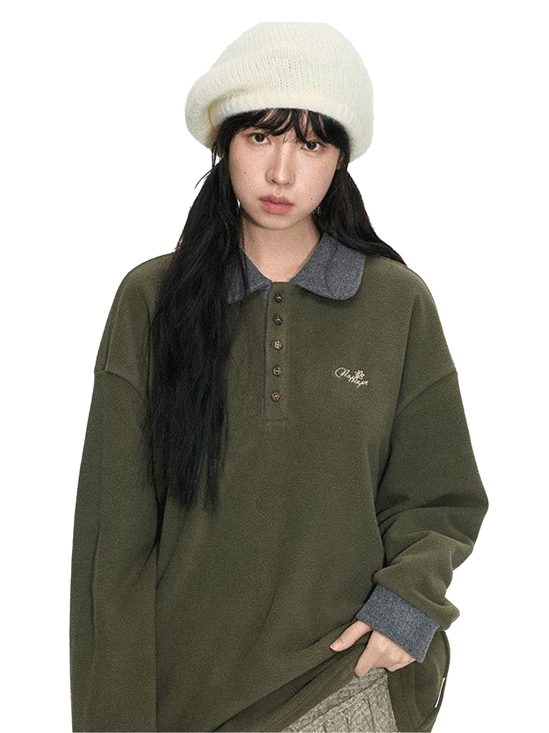NAPSNAPS Sage Green Embroidered Colorblock Polo Collar Women&