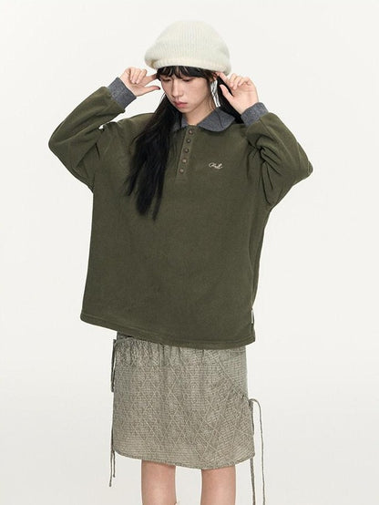 NAPSNAPS Sage Green Embroidered Colorblock Polo Collar Women&