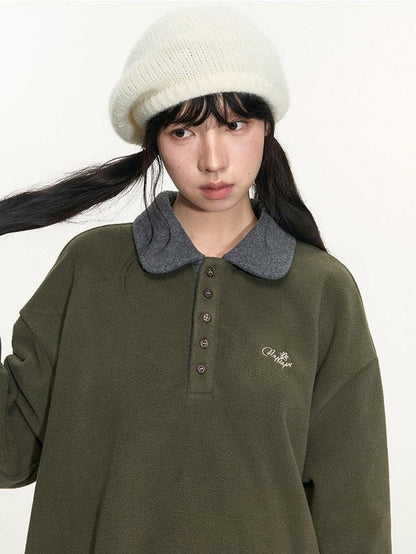 NAPSNAPS Sage Green Embroidered Colorblock Polo Collar Women&