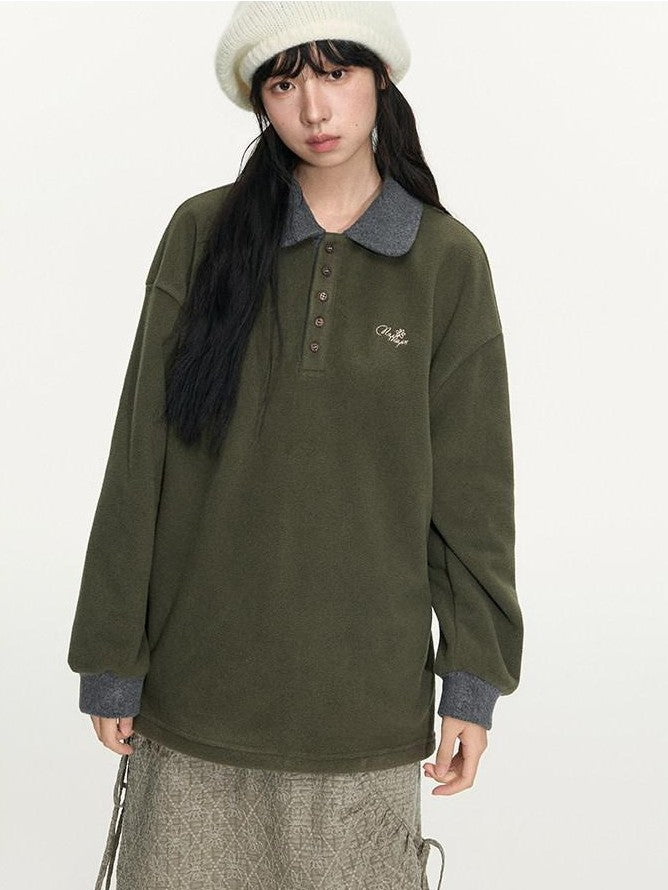 NAPSNAPS Sage Green Embroidered Colorblock Polo Collar Women&