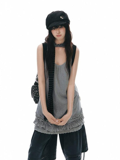 NAPSNAPS Sheer Lettuce Hem H Shape Loose Waist Women&