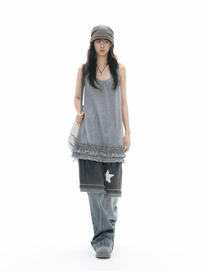 NAPSNAPS Sheer Lettuce Hem H Shape Loose Waist Women&