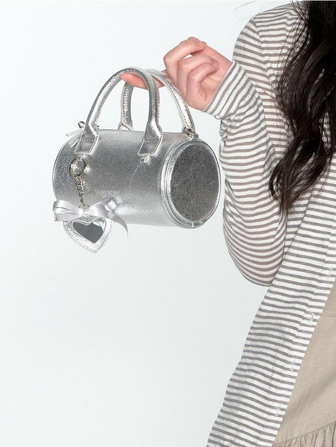 NAPSNAPS Silver Heart Pendant Cylinder Zip Round Bucket Women&