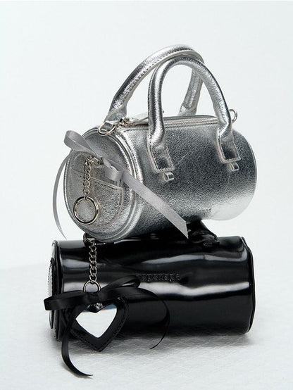 NAPSNAPS Silver Heart Pendant Cylinder Zip Round Bucket Women&