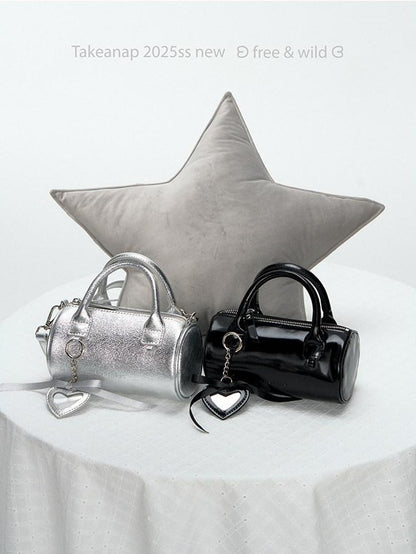 NAPSNAPS Silver Heart Pendant Cylinder Zip Round Bucket Women&