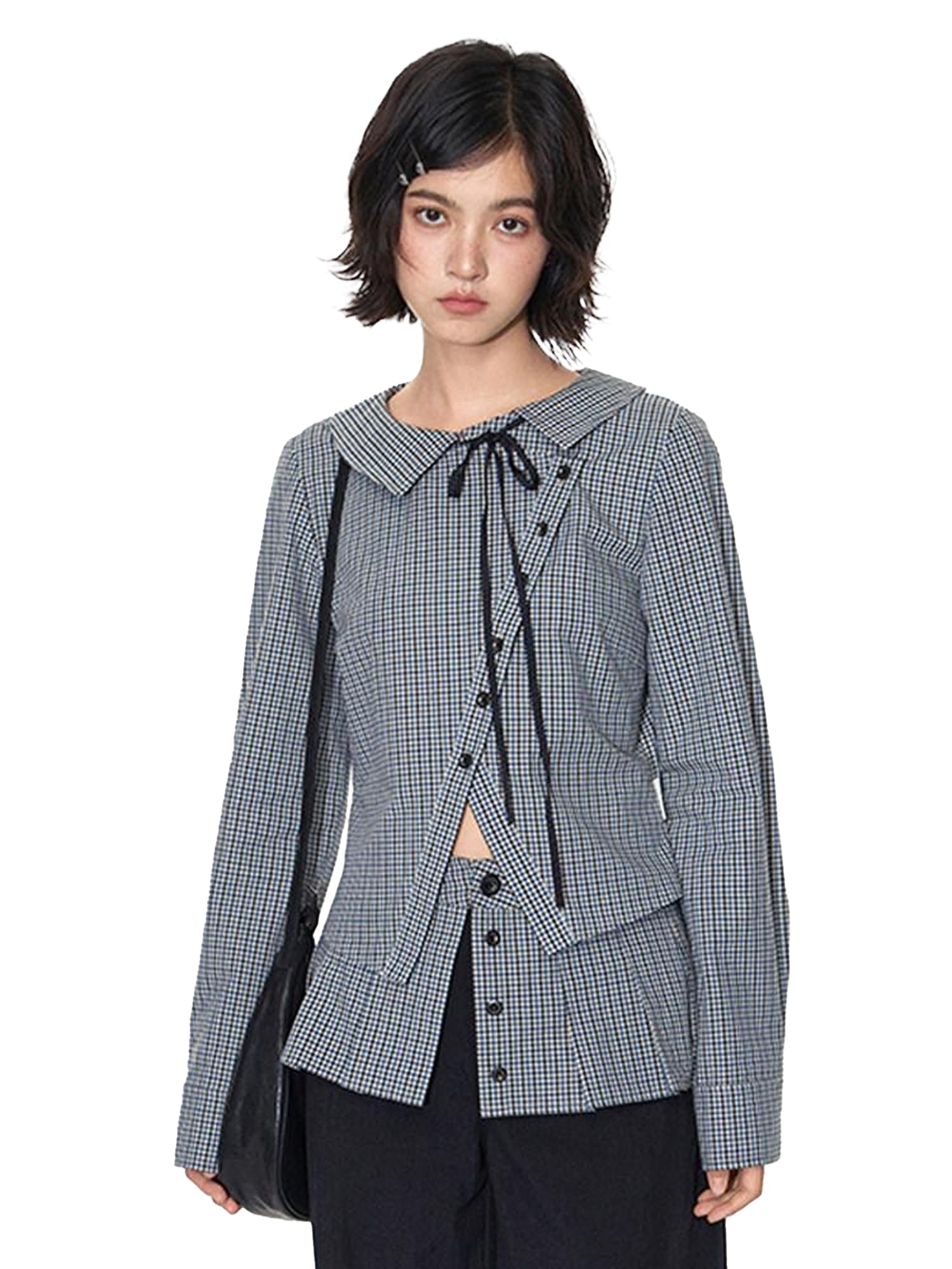 NAPSNAPS Slanted Placket Checked Splice Tie Women&
