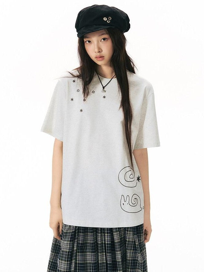 NAPSNAPS Snail Embroidered Oversized Round Neck Women&