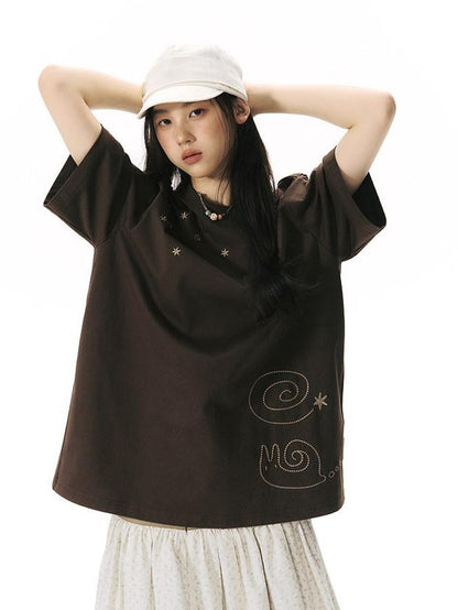 NAPSNAPS Snail Embroidered Oversized Round Neck Women&