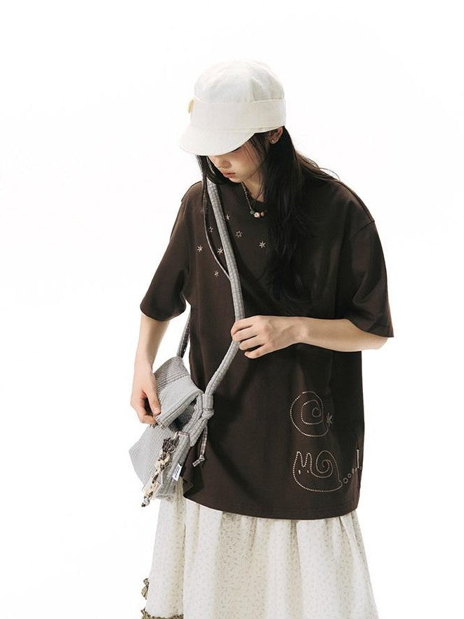 NAPSNAPS Snail Embroidered Oversized Round Neck Women&