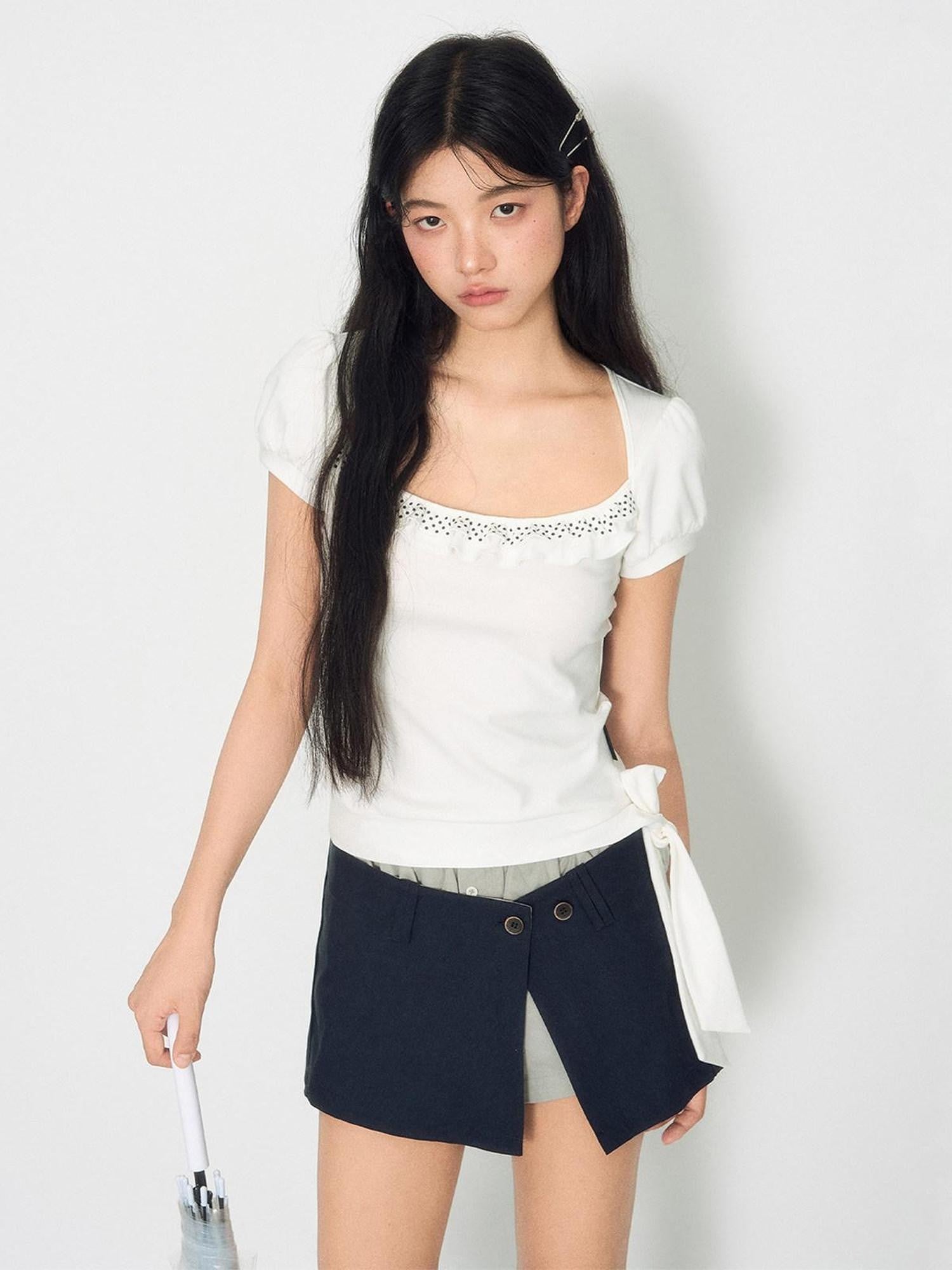 NAPSNAPS Solid Button Tulip Elastic Waist Women&