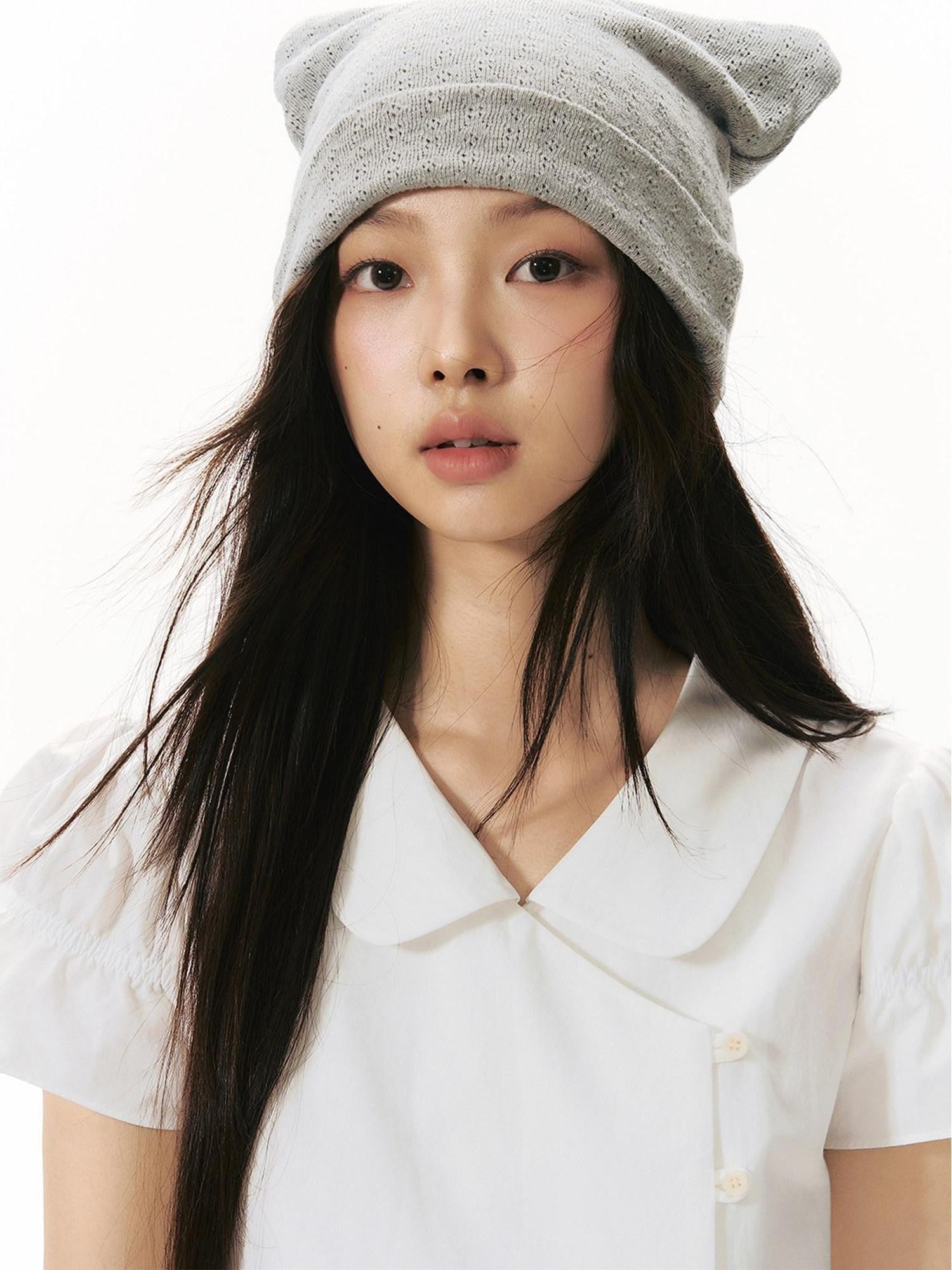 NAPSNAPS Solid Puff Sleeve Doll Collar Diagonal Placket Women&