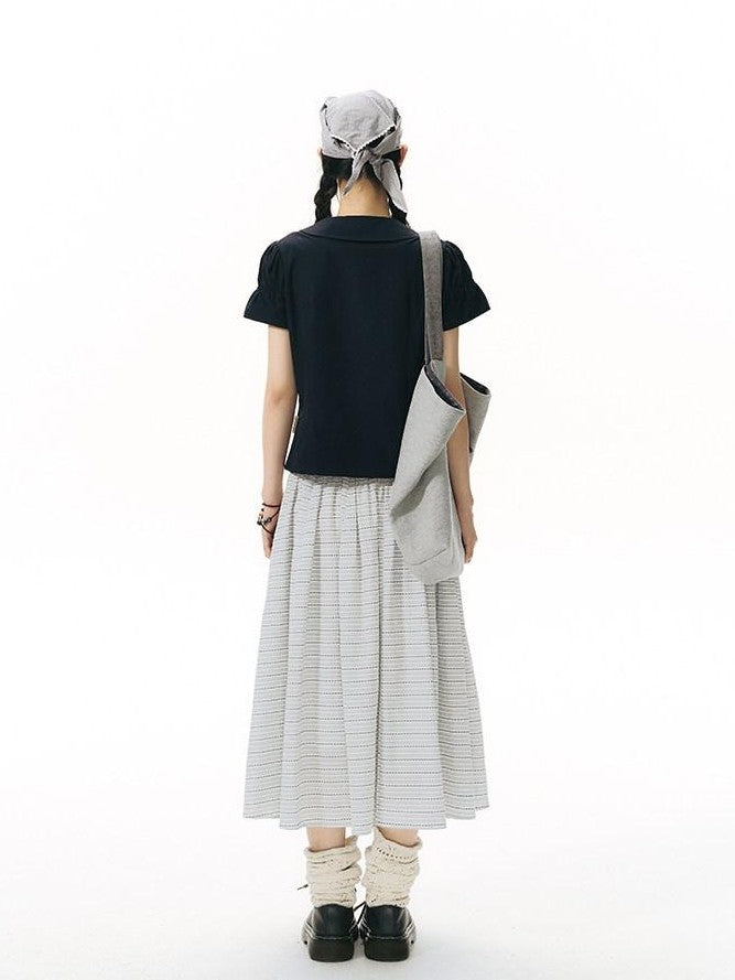 NAPSNAPS Solid Puff Sleeve Doll Collar Diagonal Placket Women&