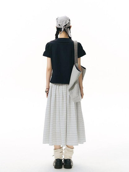 NAPSNAPS Solid Puff Sleeve Doll Collar Diagonal Placket Women&