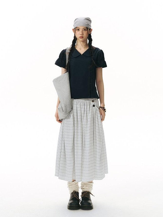 NAPSNAPS Solid Puff Sleeve Doll Collar Diagonal Placket Women&