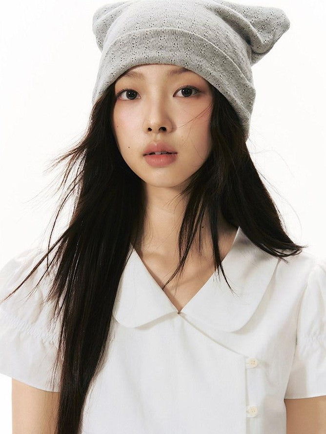 NAPSNAPS Solid Puff Sleeve Doll Collar Diagonal Placket Women&