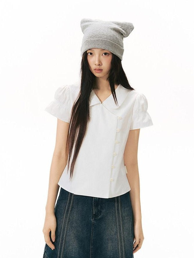 NAPSNAPS Solid Puff Sleeve Doll Collar Diagonal Placket Women&