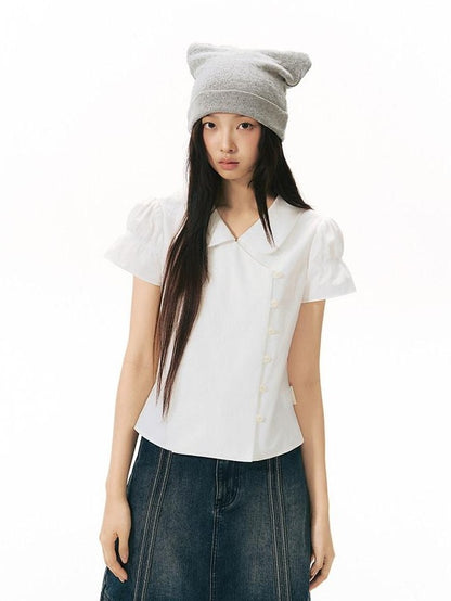 NAPSNAPS Solid Puff Sleeve Doll Collar Diagonal Placket Women&