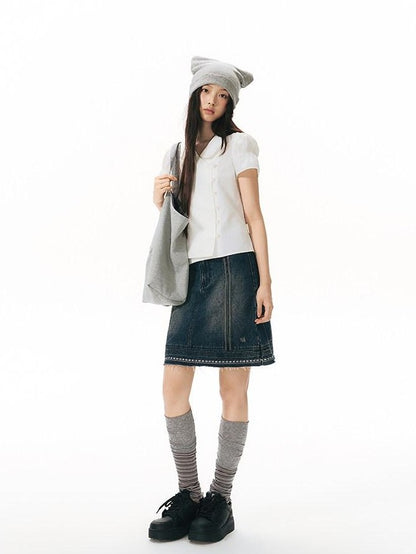 NAPSNAPS Solid Puff Sleeve Doll Collar Diagonal Placket Women&