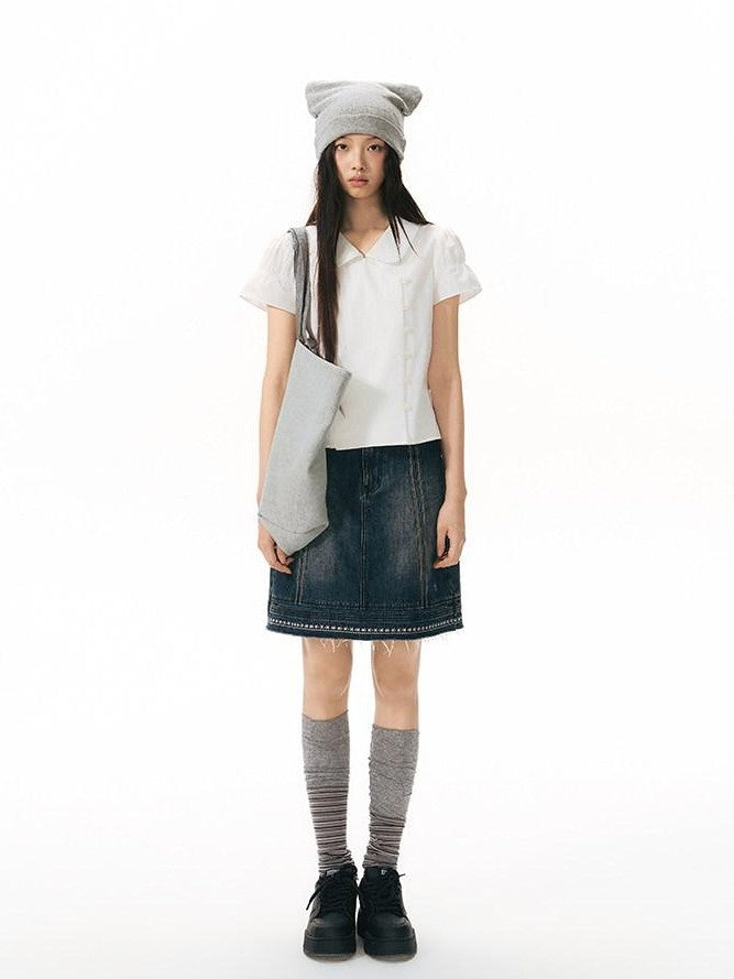 NAPSNAPS Solid Puff Sleeve Doll Collar Diagonal Placket Women&