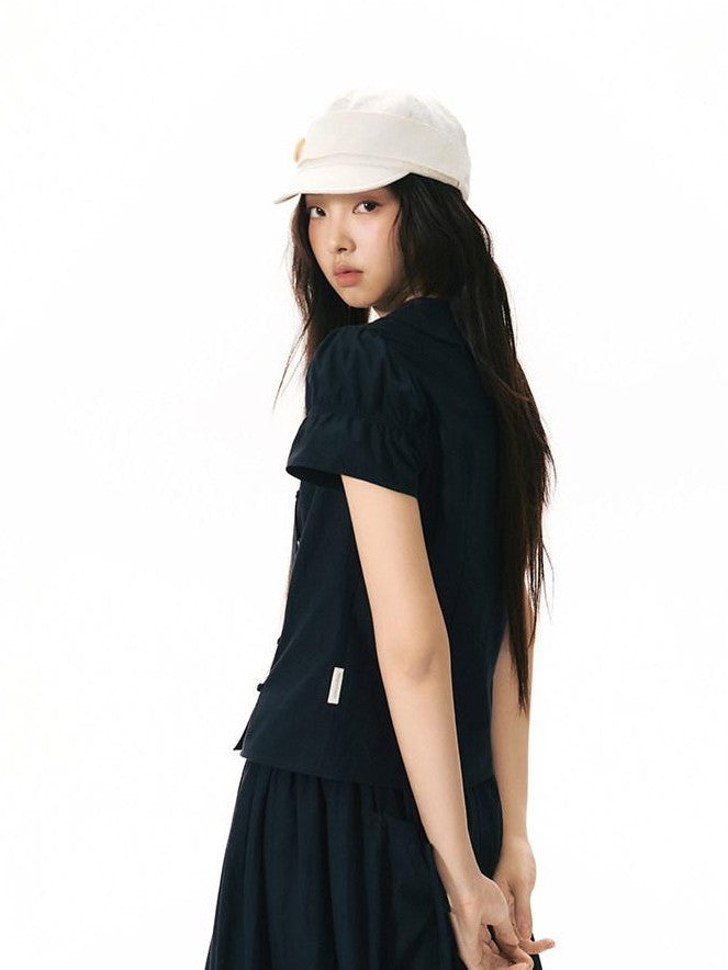 NAPSNAPS Solid Puff Sleeve Doll Collar Diagonal Placket Women&