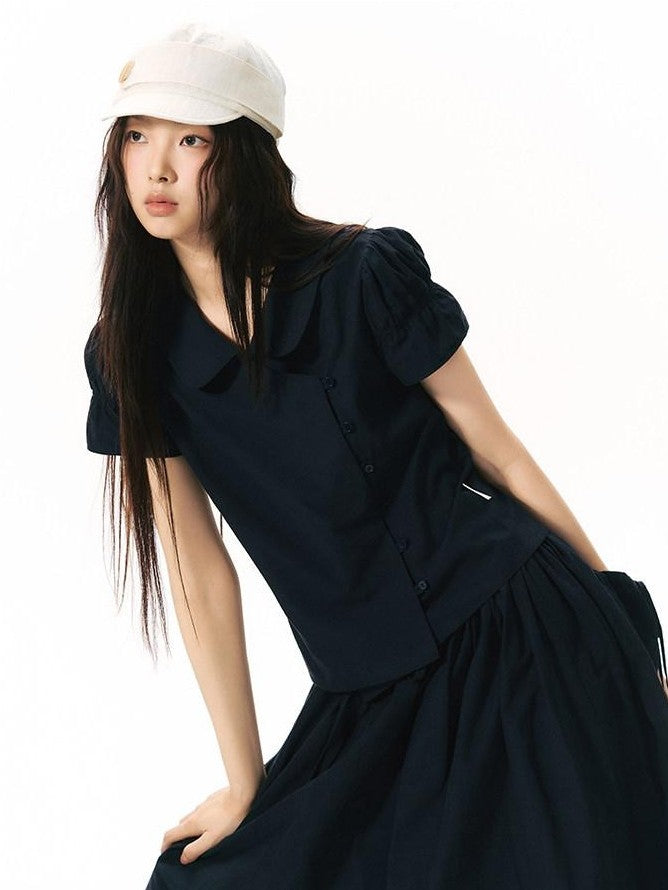 NAPSNAPS Solid Puff Sleeve Doll Collar Diagonal Placket Women&