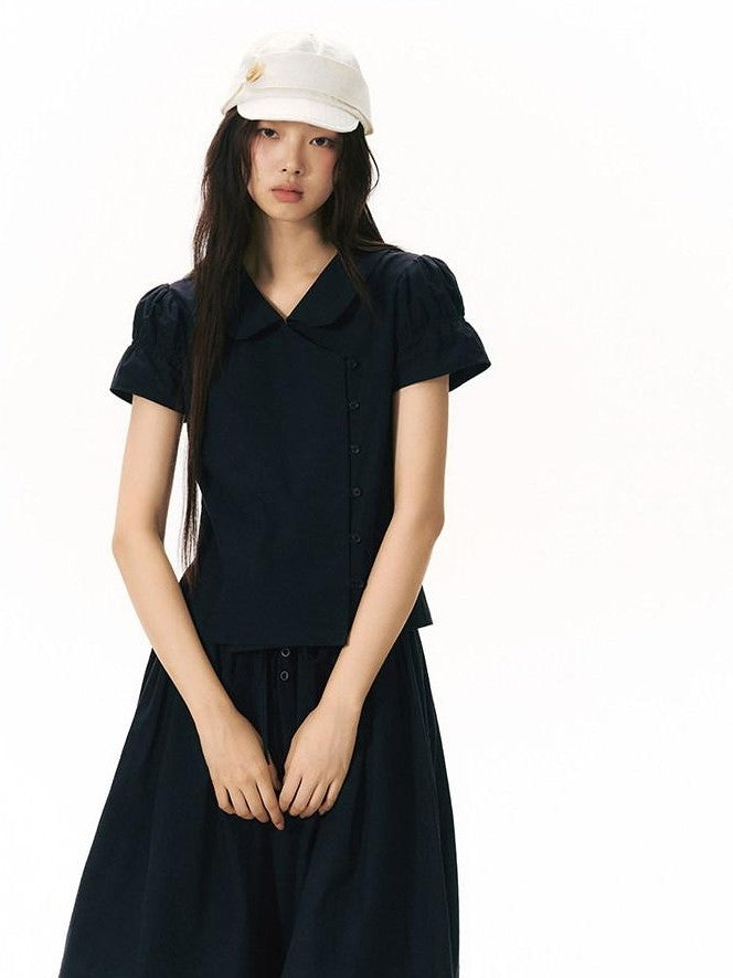 NAPSNAPS Solid Puff Sleeve Doll Collar Diagonal Placket Women&