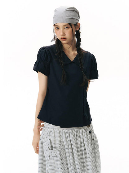 NAPSNAPS Solid Puff Sleeve Doll Collar Diagonal Placket Women&