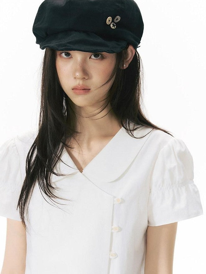 NAPSNAPS Solid Puff Sleeve Doll Collar Diagonal Placket Women&