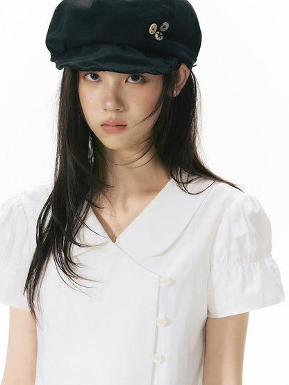 NAPSNAPS Solid Puff Sleeve Doll Collar Diagonal Placket Women&