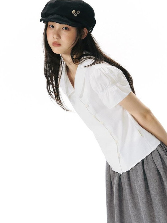 NAPSNAPS Solid Puff Sleeve Doll Collar Diagonal Placket Women&