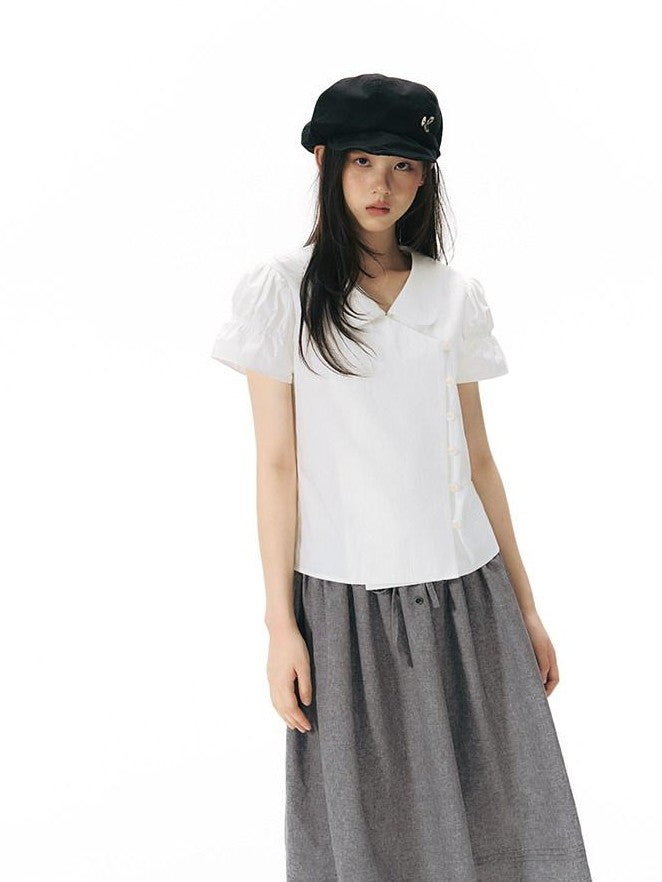 NAPSNAPS Solid Puff Sleeve Doll Collar Diagonal Placket Women&