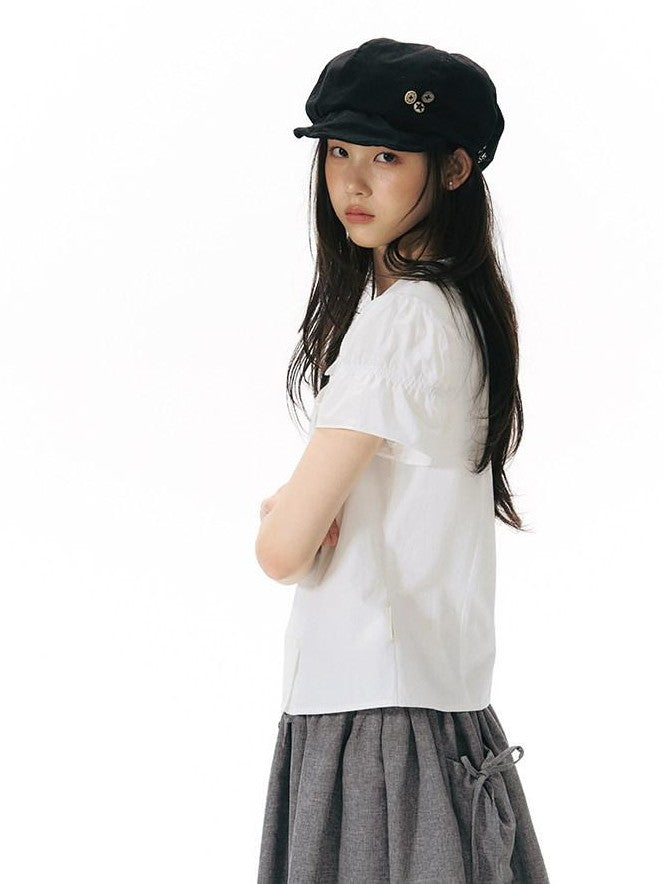 NAPSNAPS Solid Puff Sleeve Doll Collar Diagonal Placket Women&
