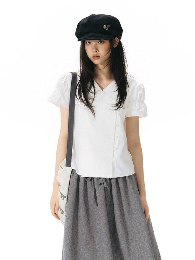 NAPSNAPS Solid Puff Sleeve Doll Collar Diagonal Placket Women&