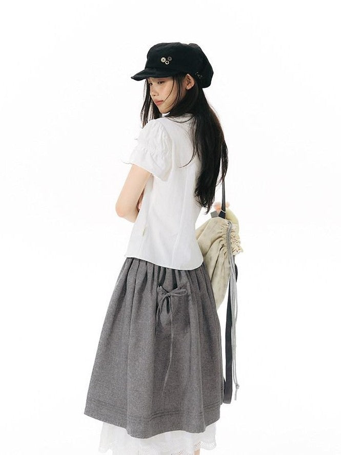 NAPSNAPS Solid Puff Sleeve Doll Collar Diagonal Placket Women&
