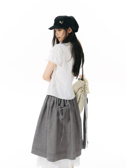 NAPSNAPS Solid Puff Sleeve Doll Collar Diagonal Placket Women&
