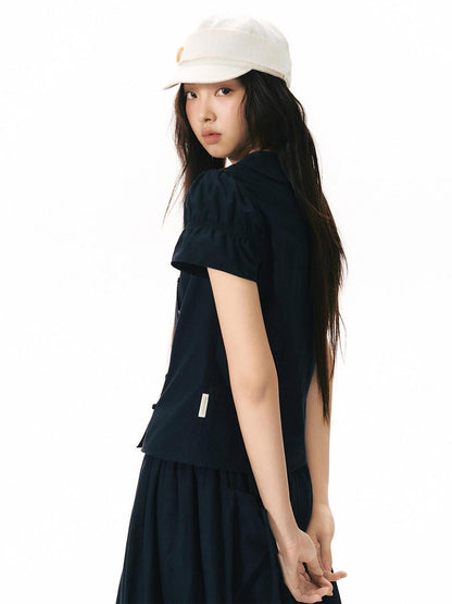 NAPSNAPS Solid Puff Sleeve Doll Collar Diagonal Placket Women&