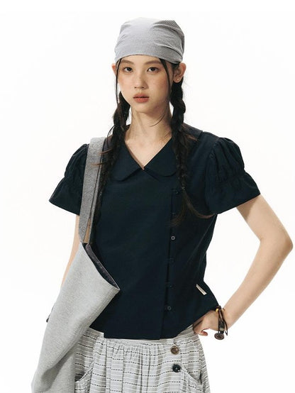 NAPSNAPS Solid Puff Sleeve Doll Collar Diagonal Placket Women&