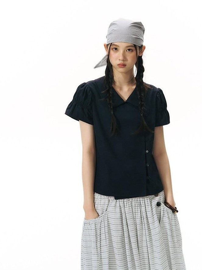 NAPSNAPS Solid Puff Sleeve Doll Collar Diagonal Placket Women&