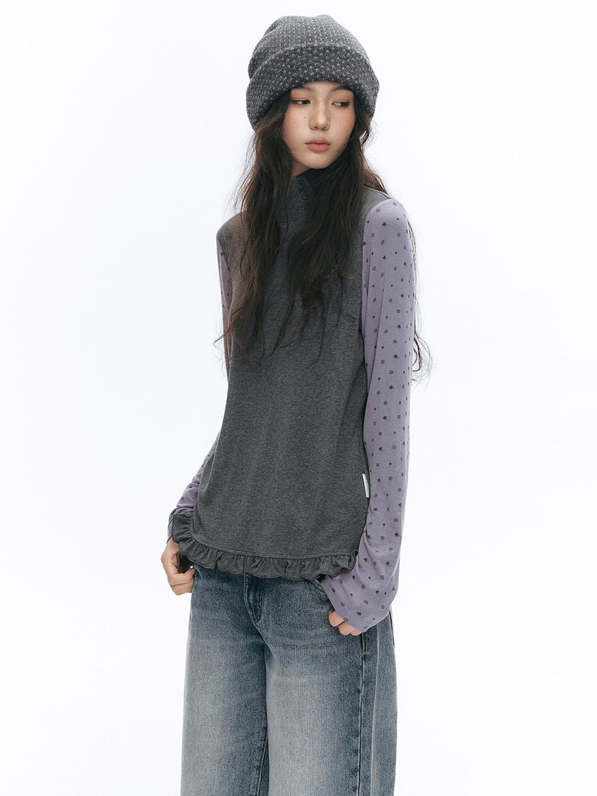 NAPSNAPS Spliced Print Ruffle Trim High Neck Women&