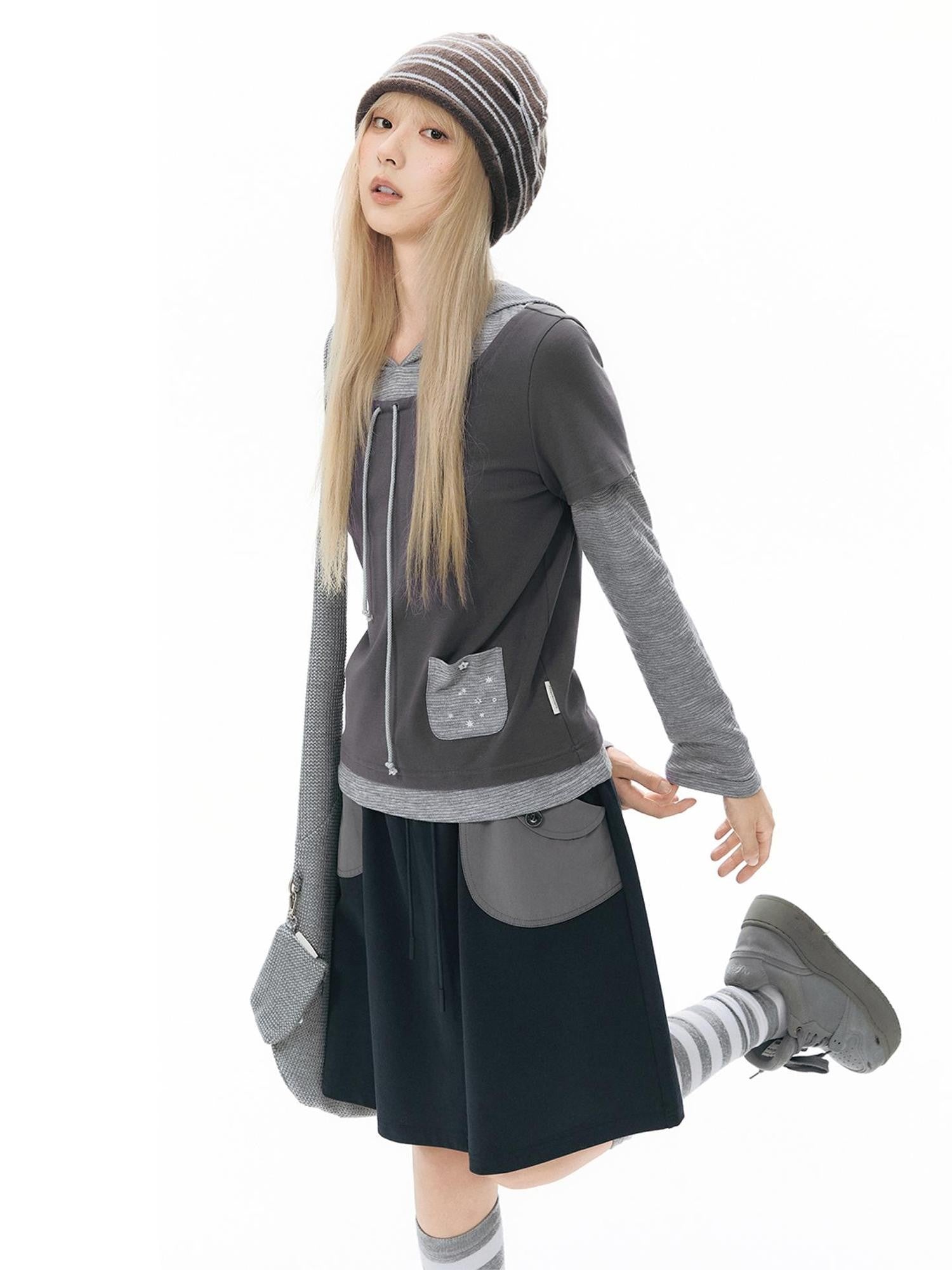 NAPSNAPS Sporty Pocket Patchwork A Line Elastic Waist Women&