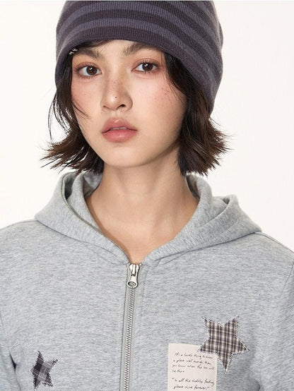 NAPSNAPS Star Applique Embroidered Zip Up Hooded Slim Fit Women&
