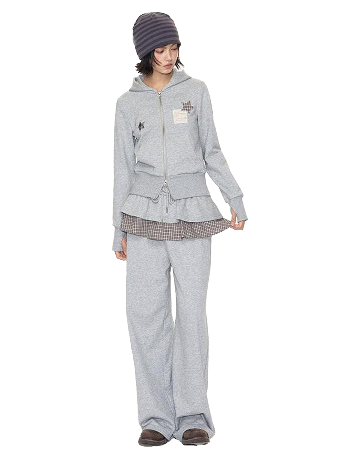 NAPSNAPS Star Applique Embroidered Zip Up Hooded Slim Fit Women&