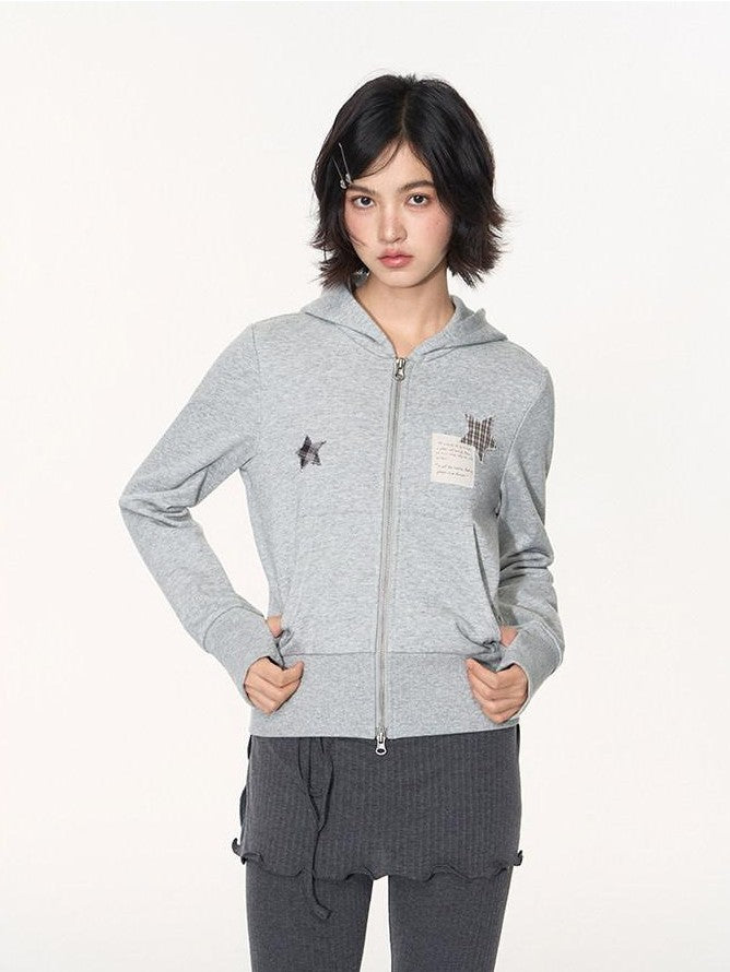 NAPSNAPS Star Applique Embroidered Zip Up Hooded Slim Fit Women&