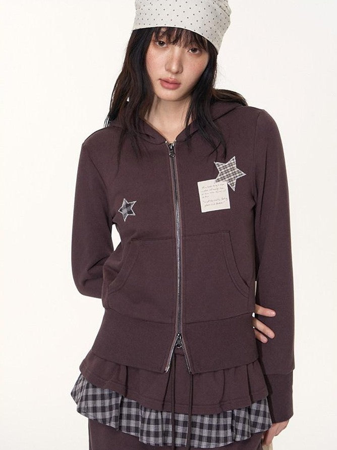 NAPSNAPS Star Applique Embroidered Zip Up Hooded Slim Fit Women&