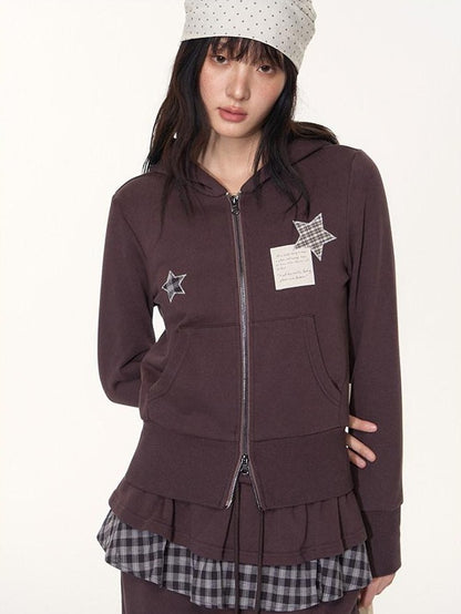 NAPSNAPS Star Applique Embroidered Zip Up Hooded Slim Fit Women&
