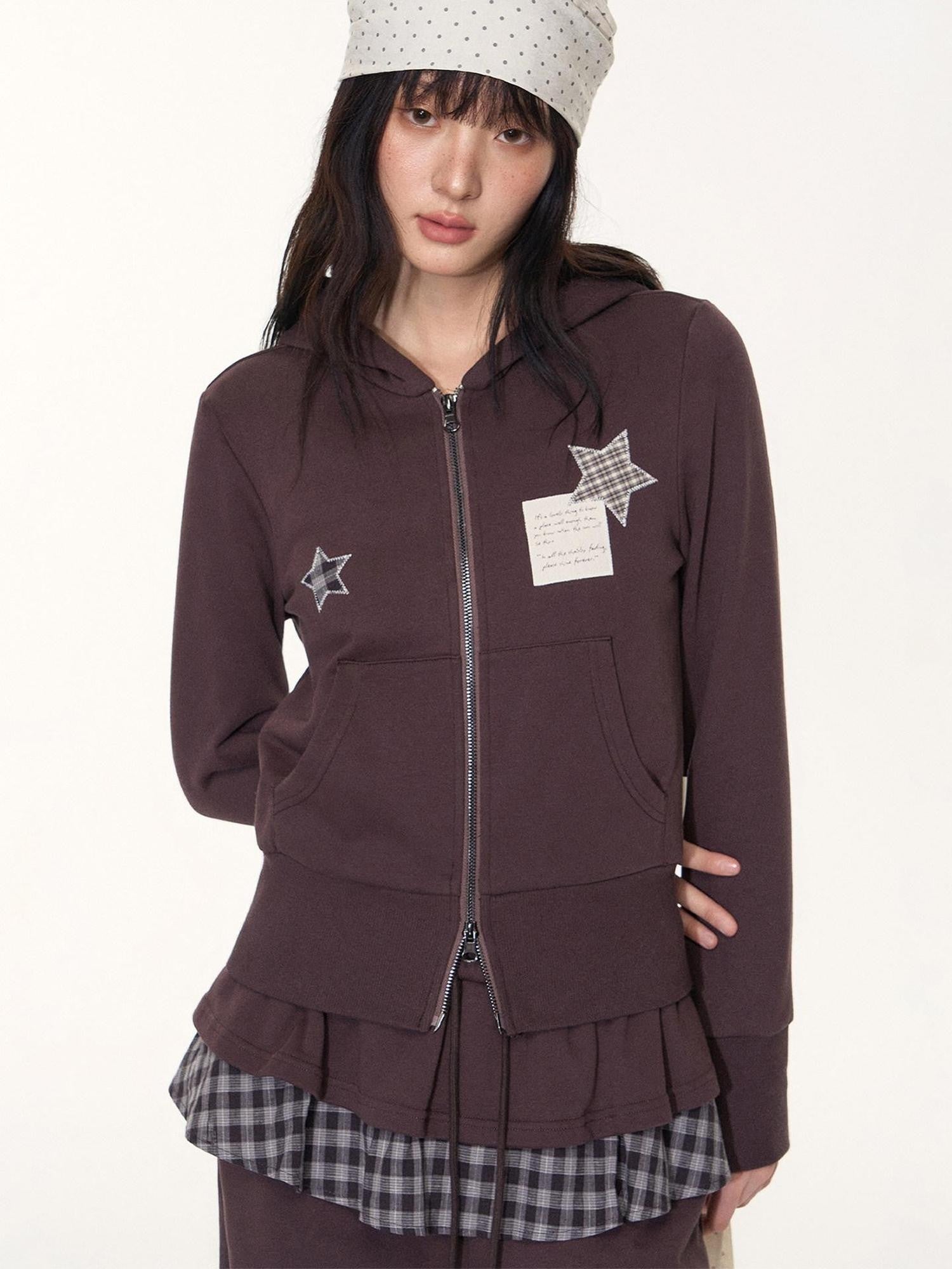 NAPSNAPS Star Applique Embroidered Zip Up Hooded Slim Fit Women&