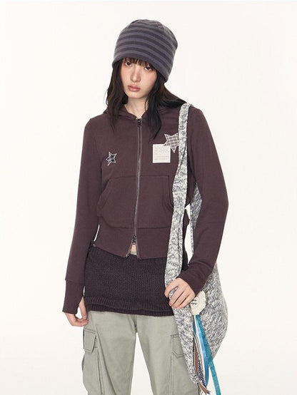NAPSNAPS Star Applique Embroidered Zip Up Hooded Slim Fit Women&