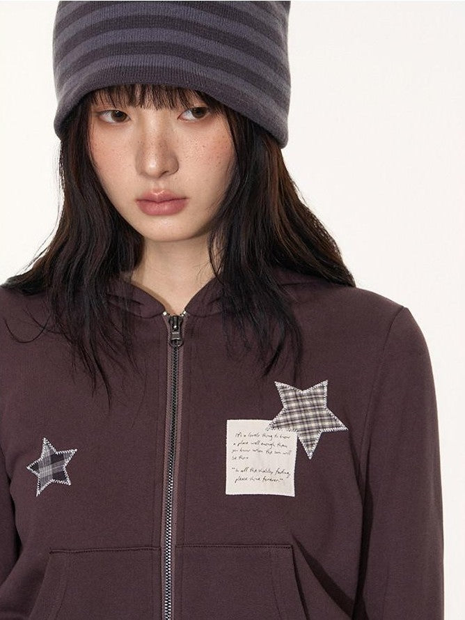 NAPSNAPS Star Applique Embroidered Zip Up Hooded Slim Fit Women&